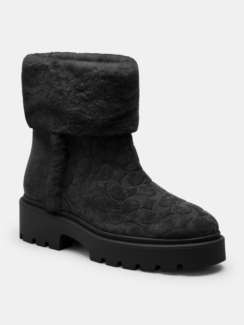 New Coach Black Chunky Sherpa Bootie Shoes In Signature Suede